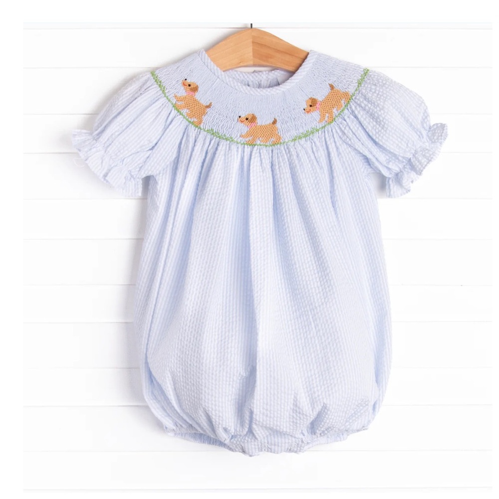 Stitchy Fish Walk and Wag Smocked Girl Bubble, Blue, Size 3M